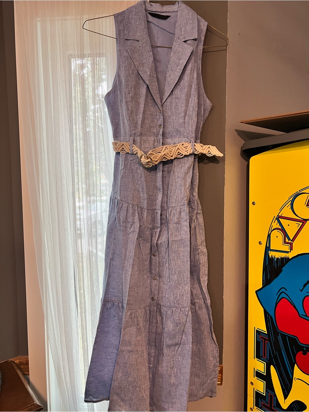 Zara Light Blue Sleeveless Button-Front Maxi Dress with Woven Belt
